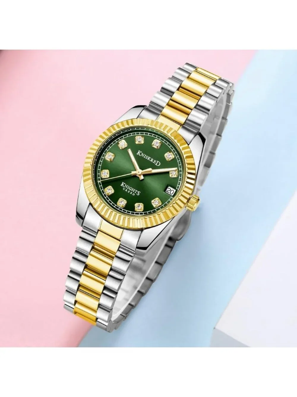 Women's Silver Green Crystal Accented Dial Solid Stainless Steel Band Wristwatch